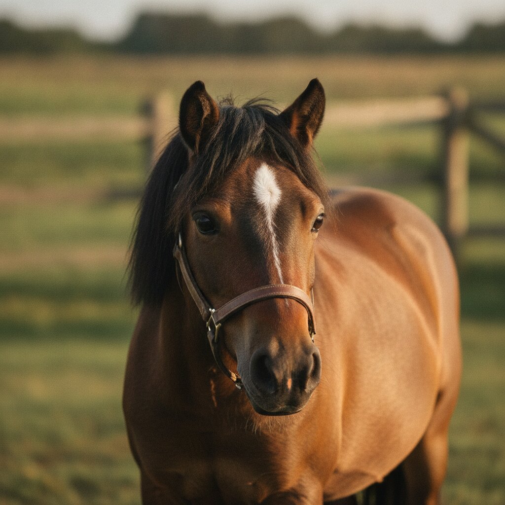 Juniper, a bay pony with alert ears and a thin white stripe