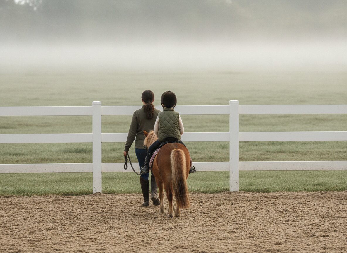 A young rider in a helmet walking a pony in the outdoor ring, seen from behind