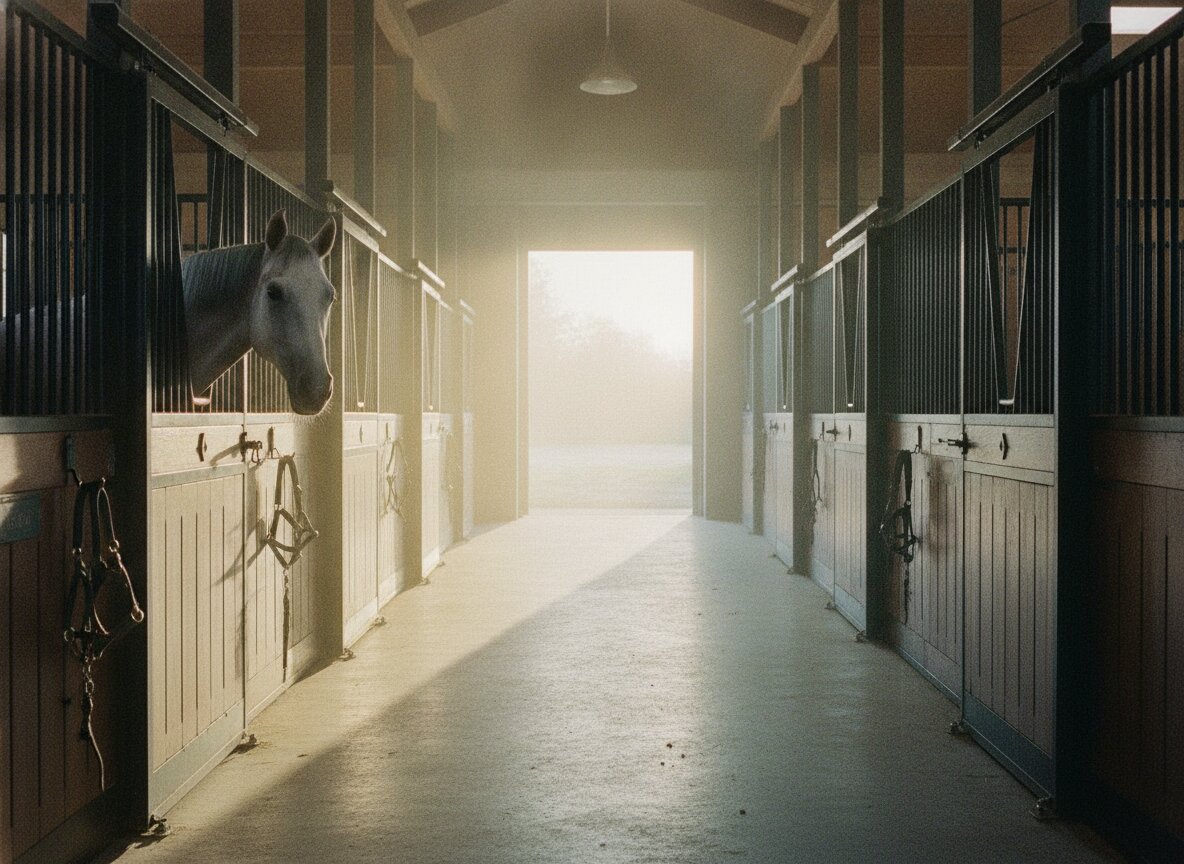 The main barn aisle, swept clean, with a horse looking out over a stall door in morning sun