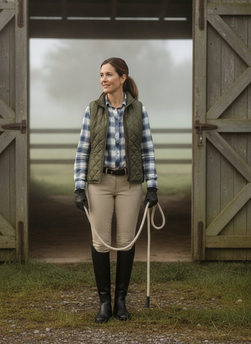 Rosalind Hale in tall boots and a vest, holding a lead rope outside the main barn