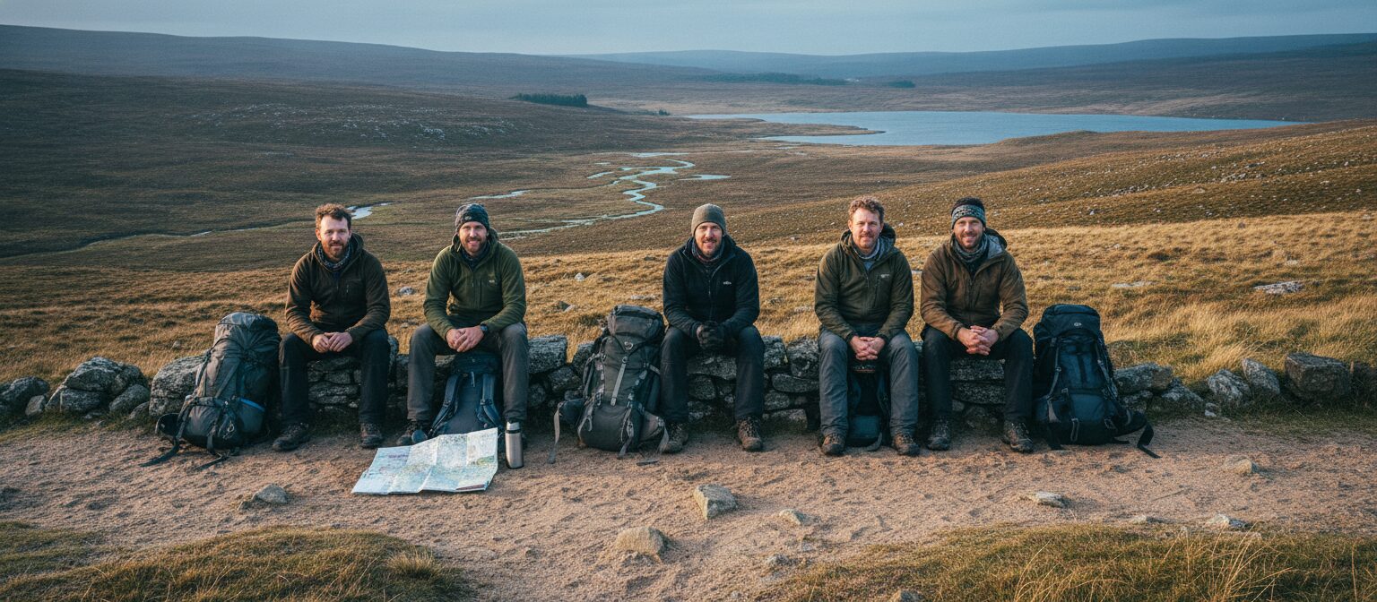 Four guides sitting on a stone wall with packs and maps at the end of a walking day