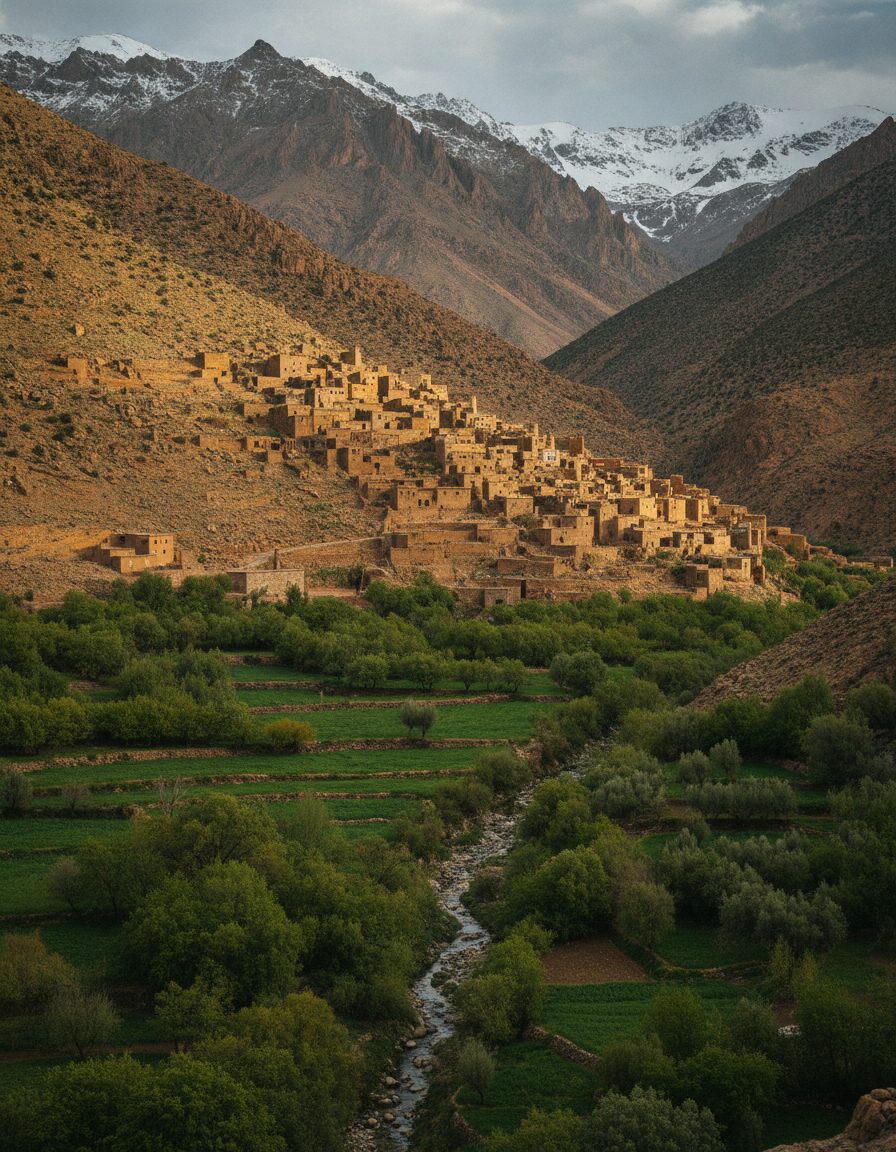 A stone village terraced into a High Atlas valley in Morocco, snow on the peaks behind