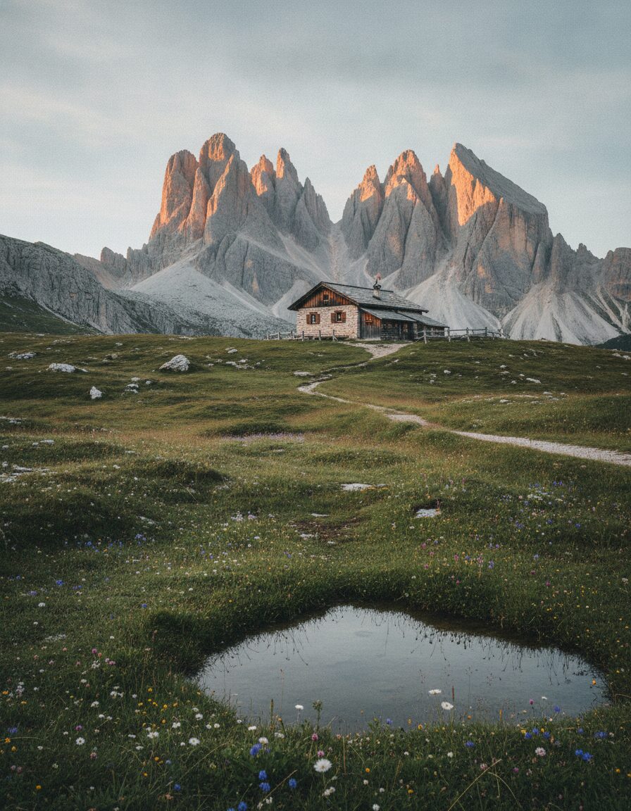 A mountain refuge on a saddle beneath pale limestone towers in the Italian Dolomites