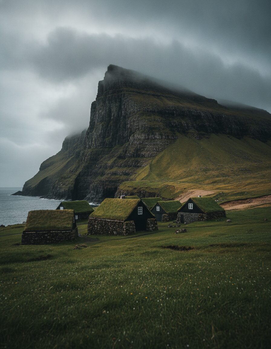 A turf-roofed village under sea cliffs in the Faroe Islands, low cloud on the ridge