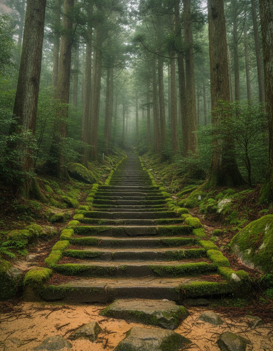 A moss-covered stone stairway climbing into cedar forest on the Kii Peninsula in Japan