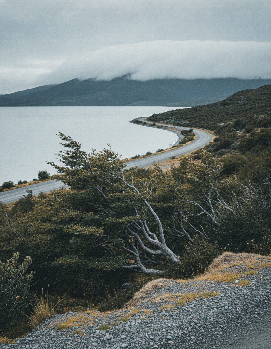 An empty gravel road running along a grey glacial lake in Aysen, Chilean Patagonia