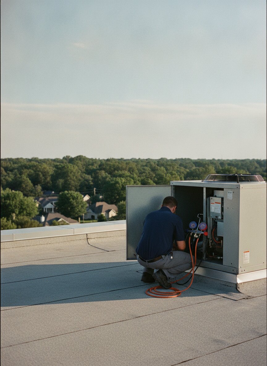 A technician checking a rooftop unit, seen from behind