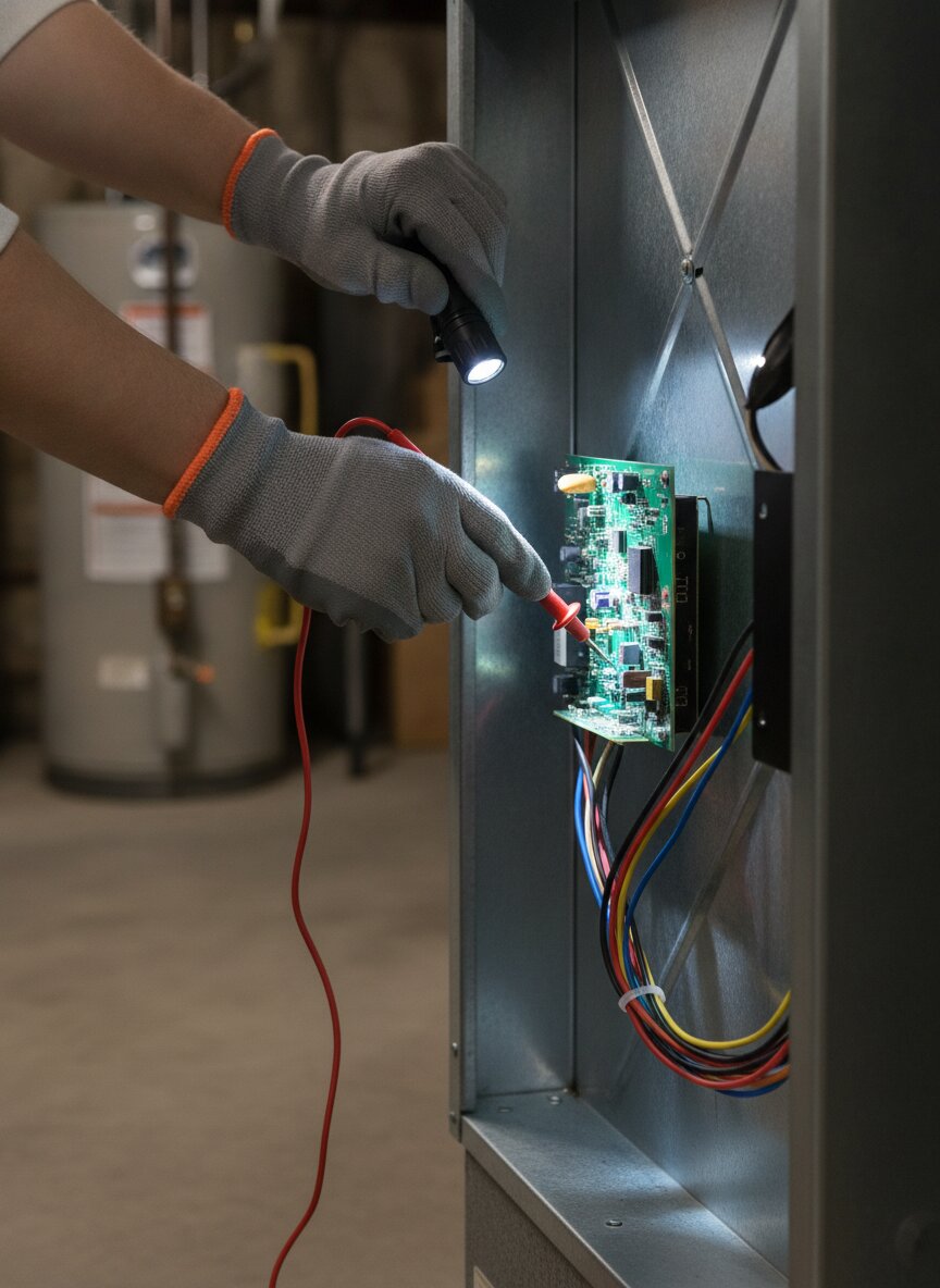 Gloved hands working inside an open furnace cabinet