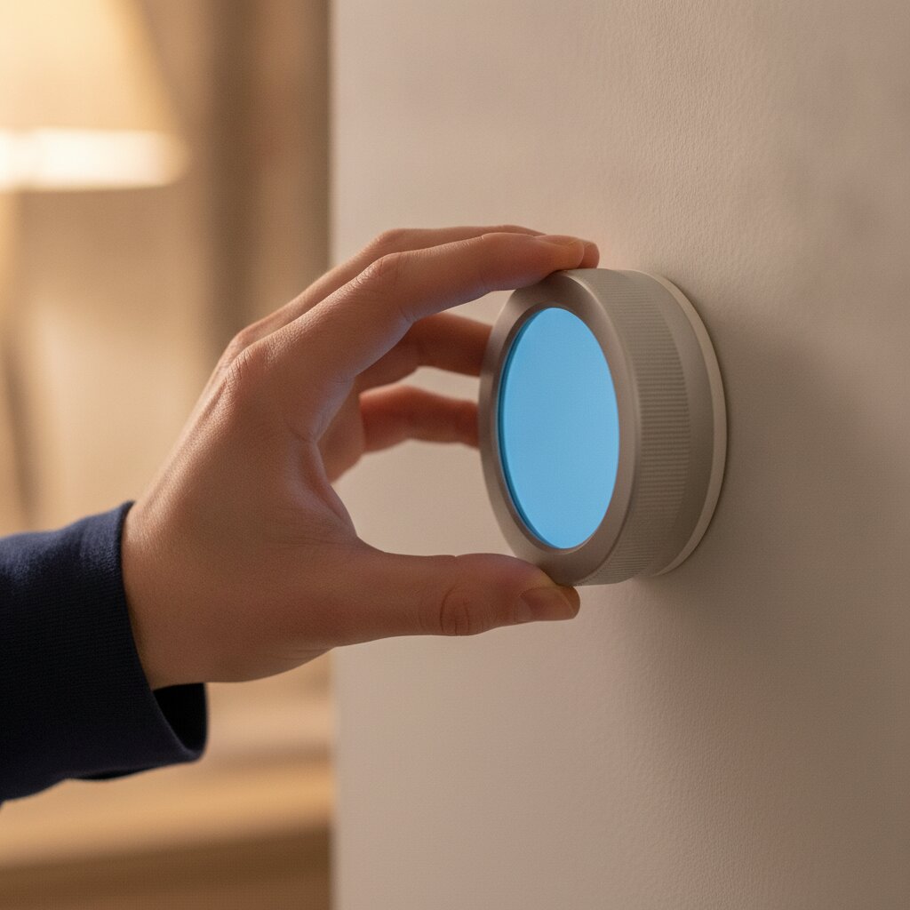 A hand turning the dial of a wall thermostat