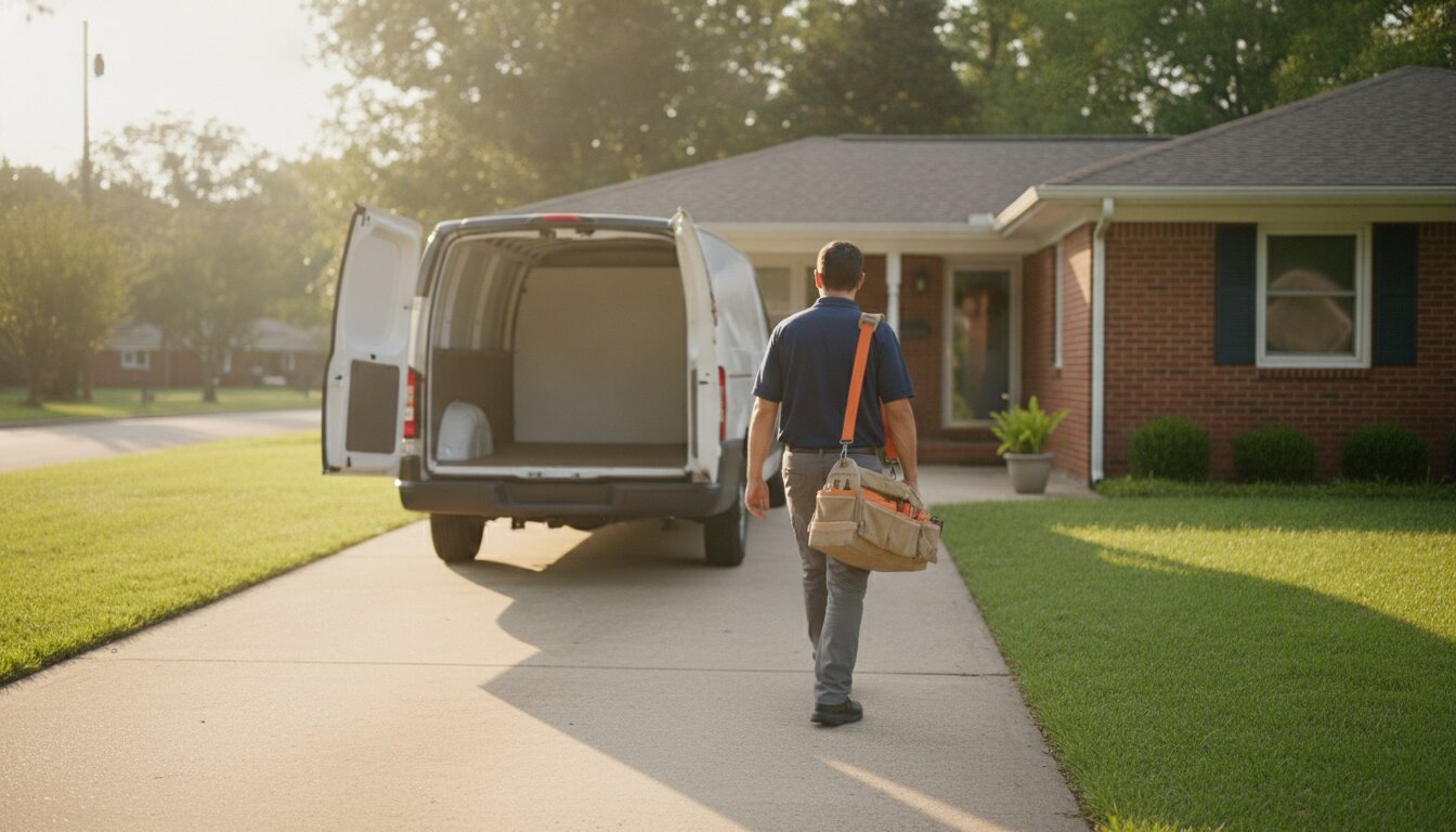 A Plenum service van in a driveway at golden hour, a technician carrying a tool bag toward the house