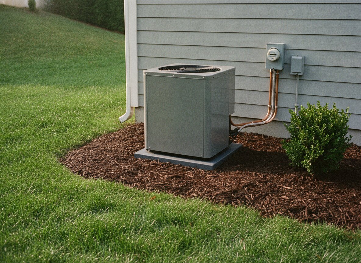 A new outdoor air conditioning condenser on a fresh pad beside a house wall