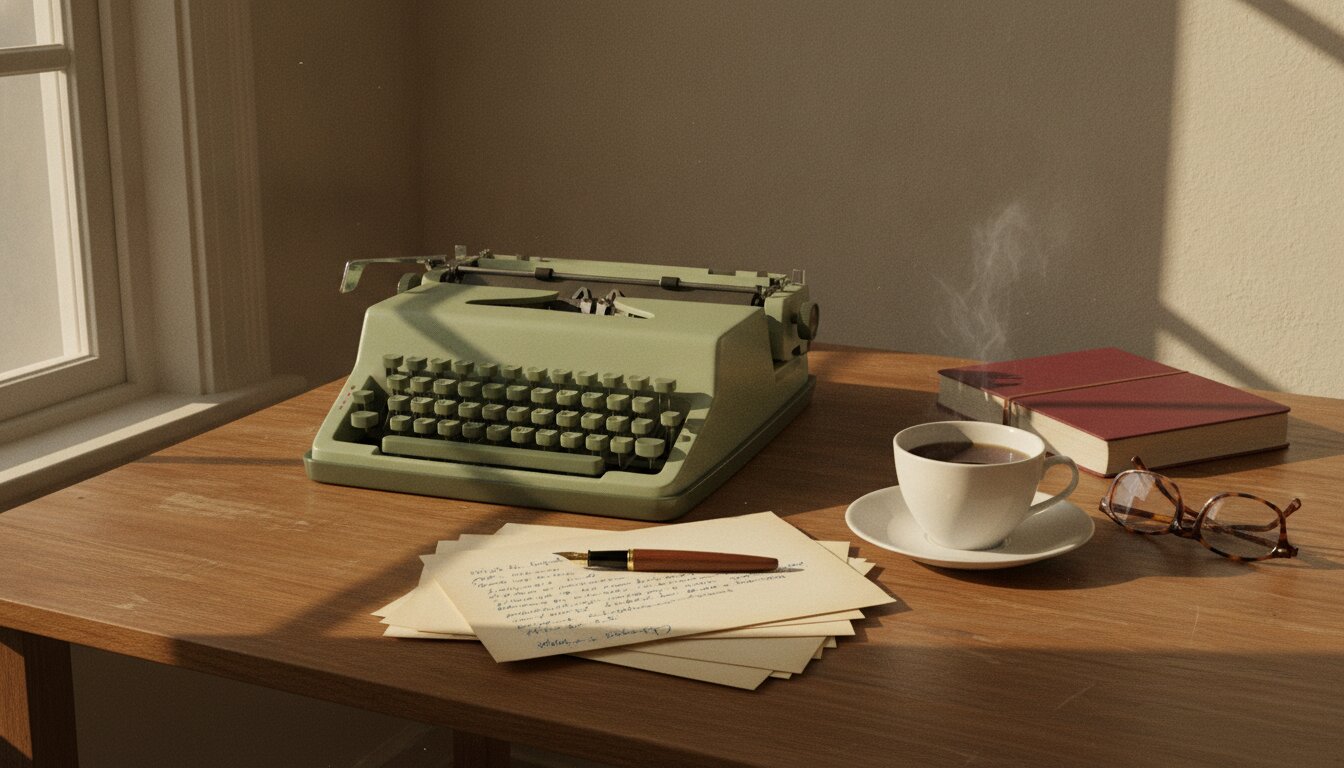 Esme's writing desk: typewriter, manuscript pages, tea, morning light
