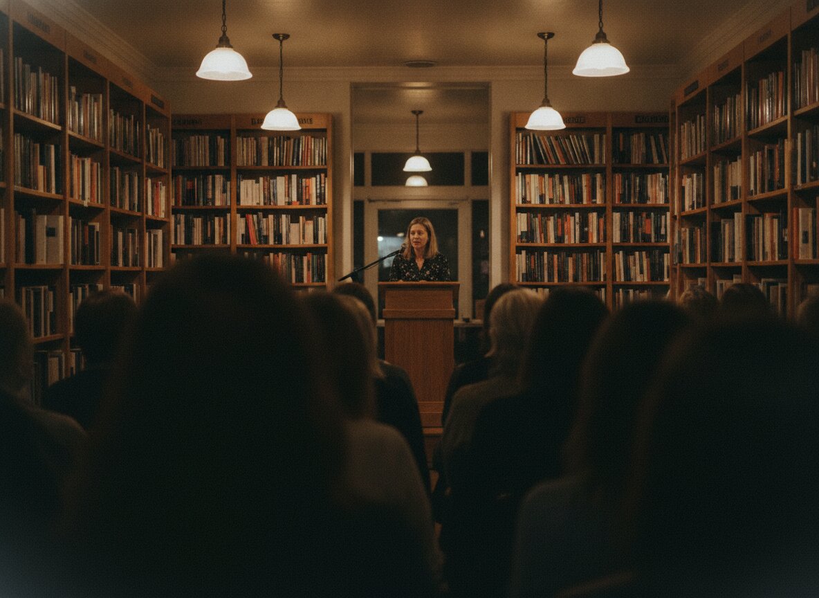 A bookstore reading seen from the back of the room