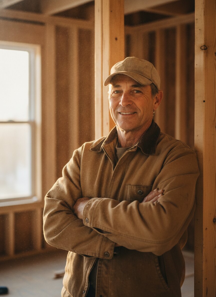 Dan Rafter standing in front of a framed wall, arms crossed