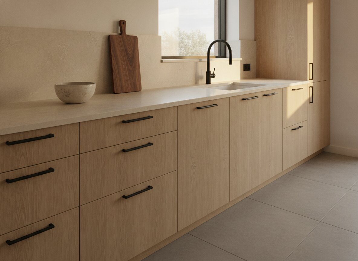 Renovated kitchen with white oak cabinetry and black fixtures