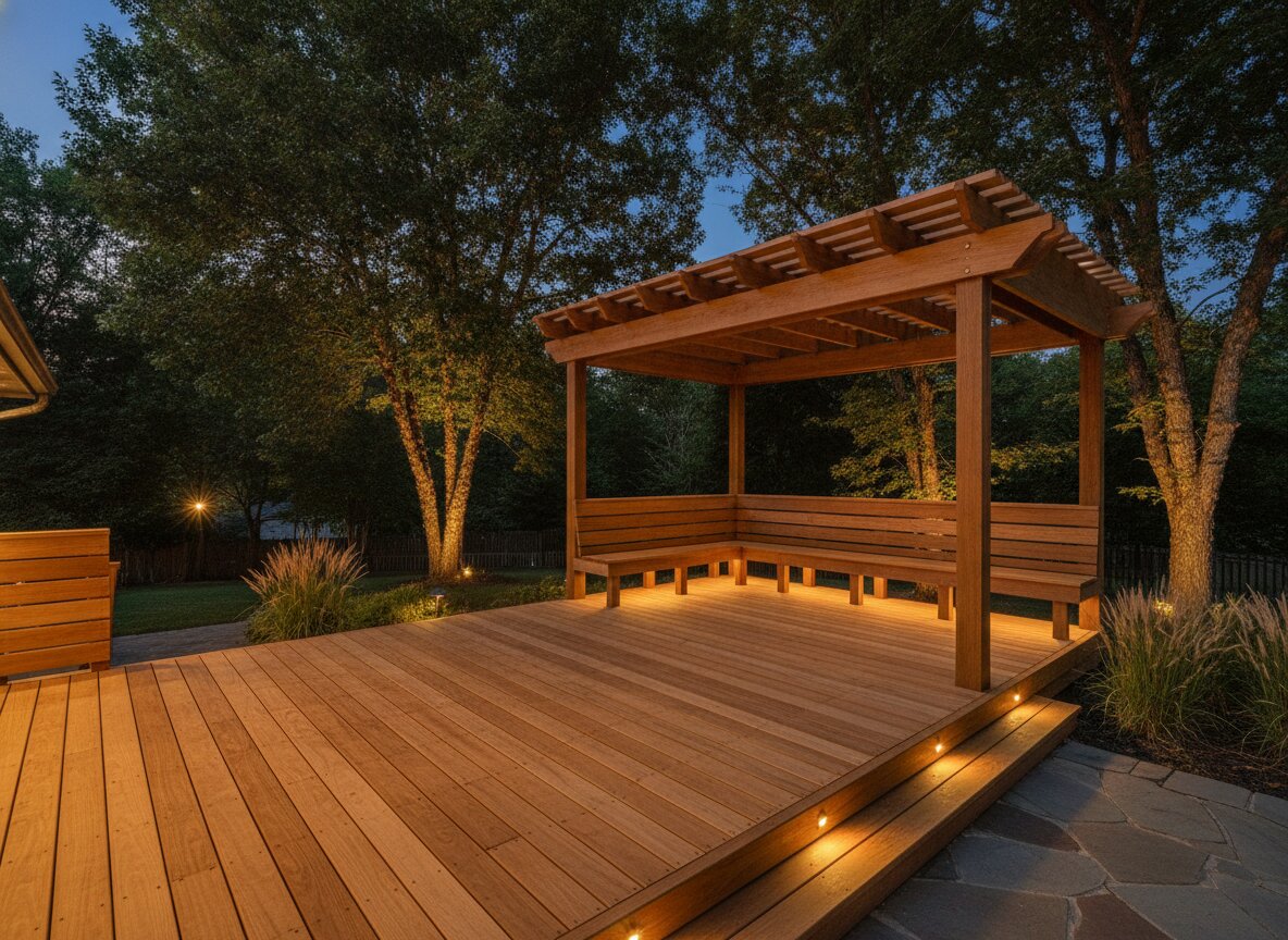 New cedar deck with pergola in the evening