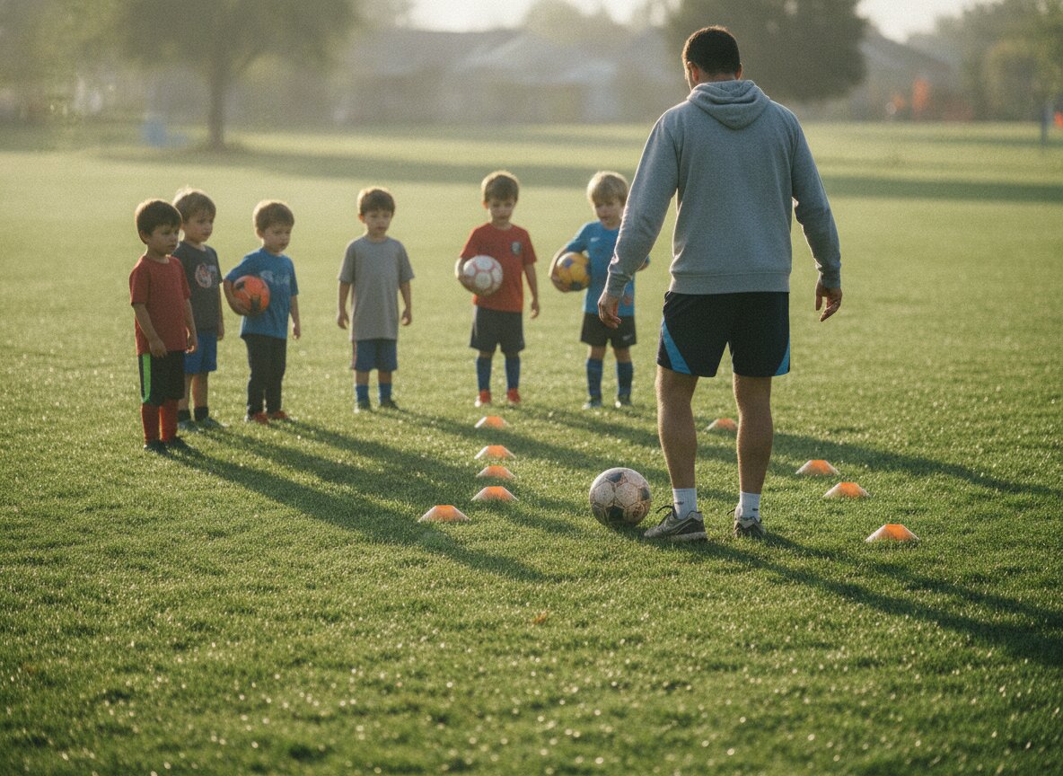 A parent coach demonstrating a drill to young players