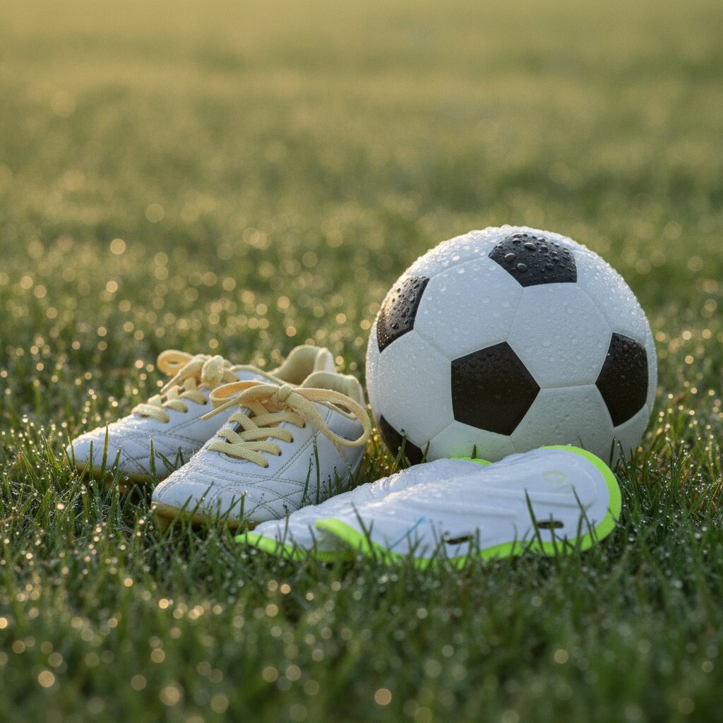 Cleats, a ball, and shinguards in wet morning grass