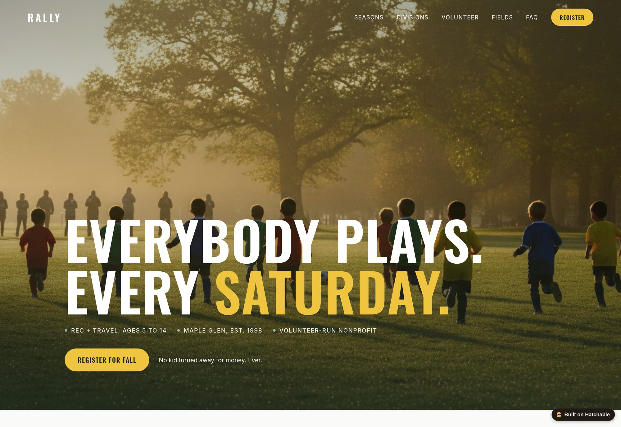 Rally youth sports club website template — full design preview