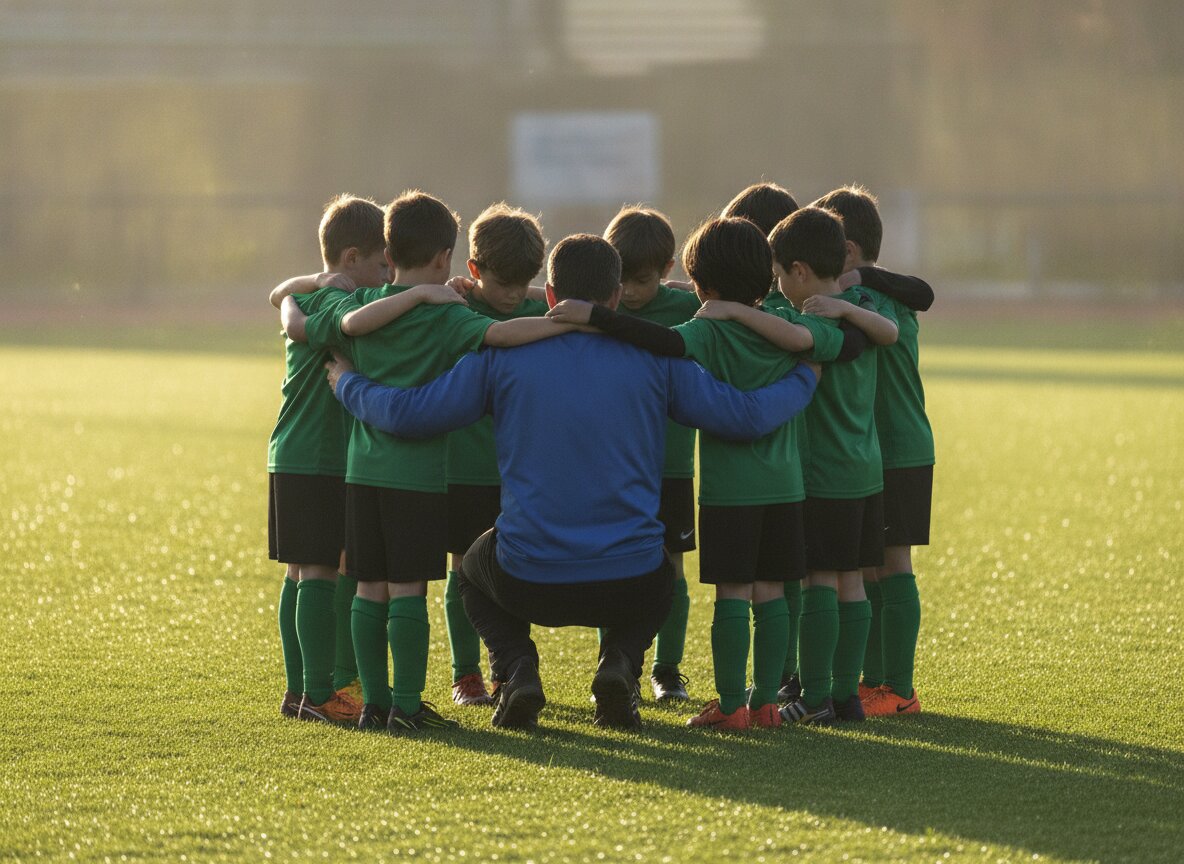 A team huddle from behind, small jerseys around a kneeling coach