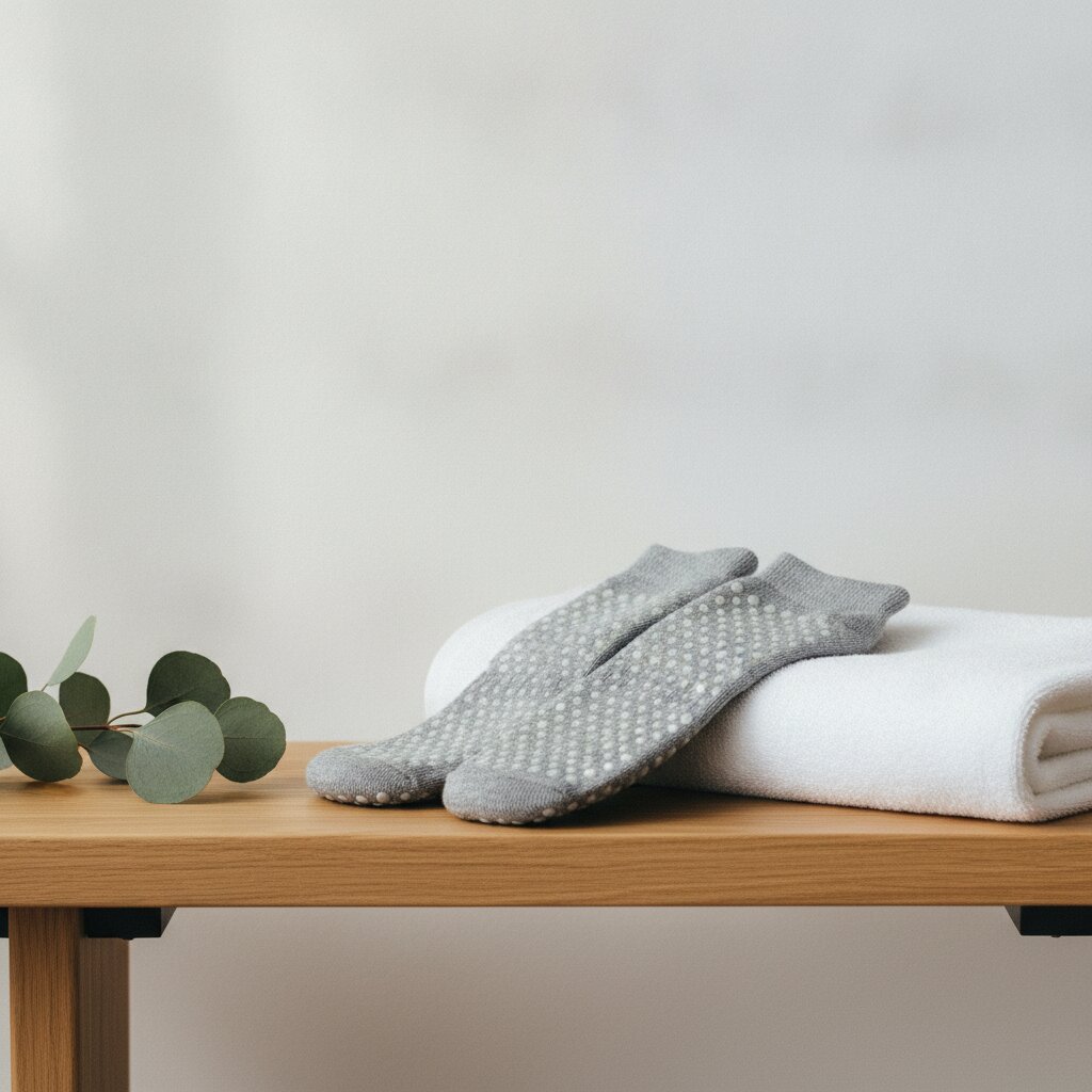 A pair of grip socks and a folded white towel on a light oak bench