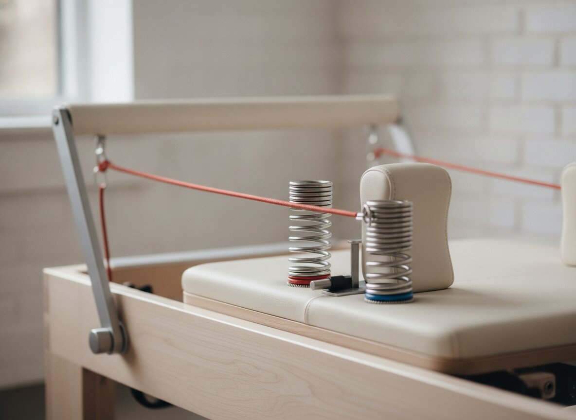 Close view of a reformer carriage, its springs and footbar in soft morning light