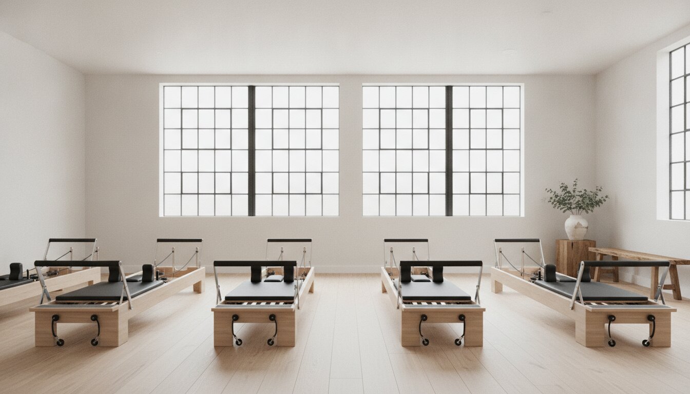 The Reformer studio: a row of ten reformers on pale oak floors in a white loft with tall windows