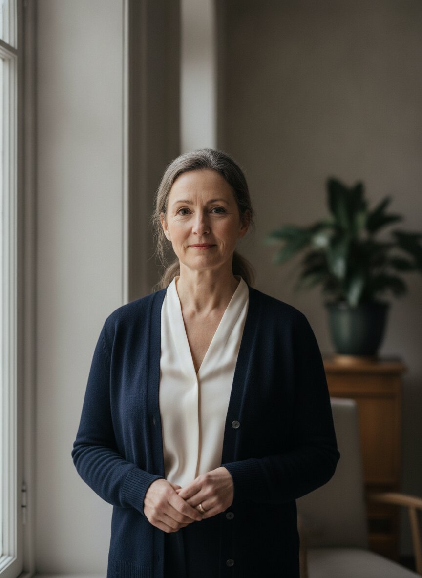 Margaret Ashby, funeral director, in a navy cardigan