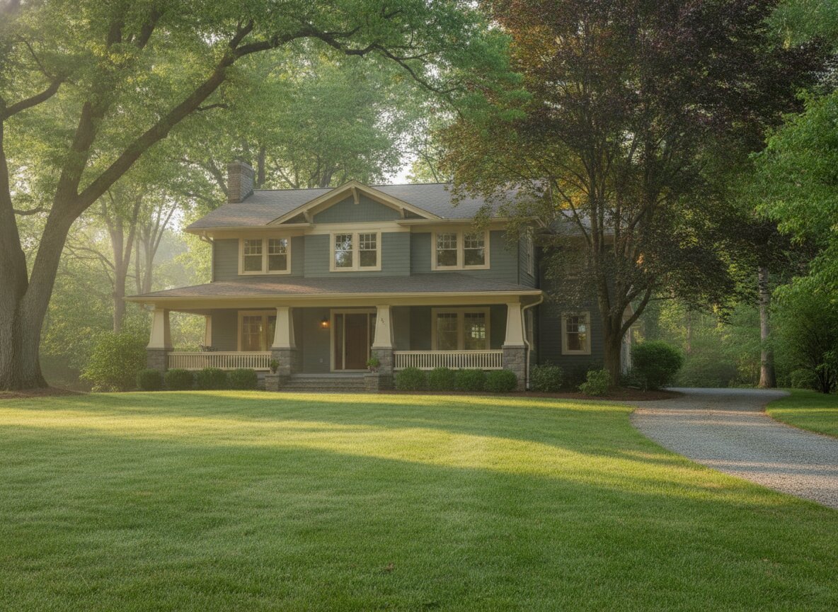The house at 41 Linden Road, a craftsman with a wide porch under mature trees, in morning light