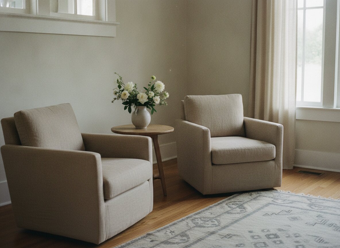 The reception room, with linen chairs, a simple vase of flowers, and window light