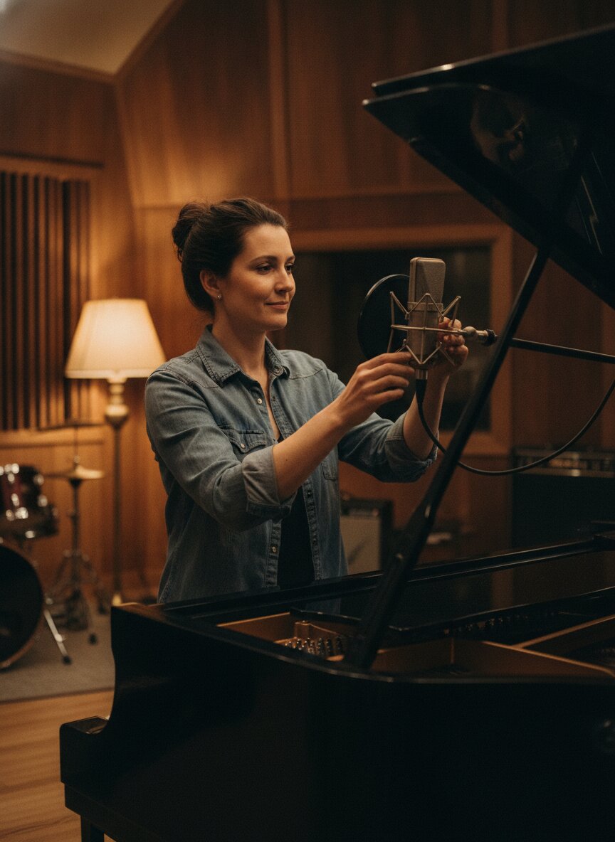 Ines Faro setting a microphone beside the grand piano in Live Room A