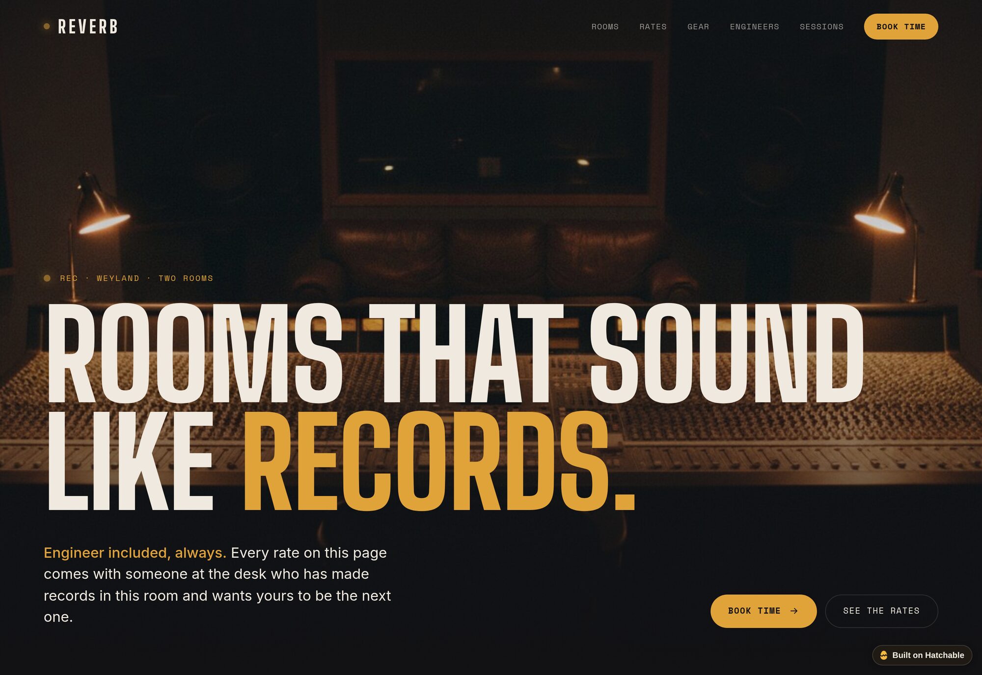 Reverb recording studio website template — full design preview