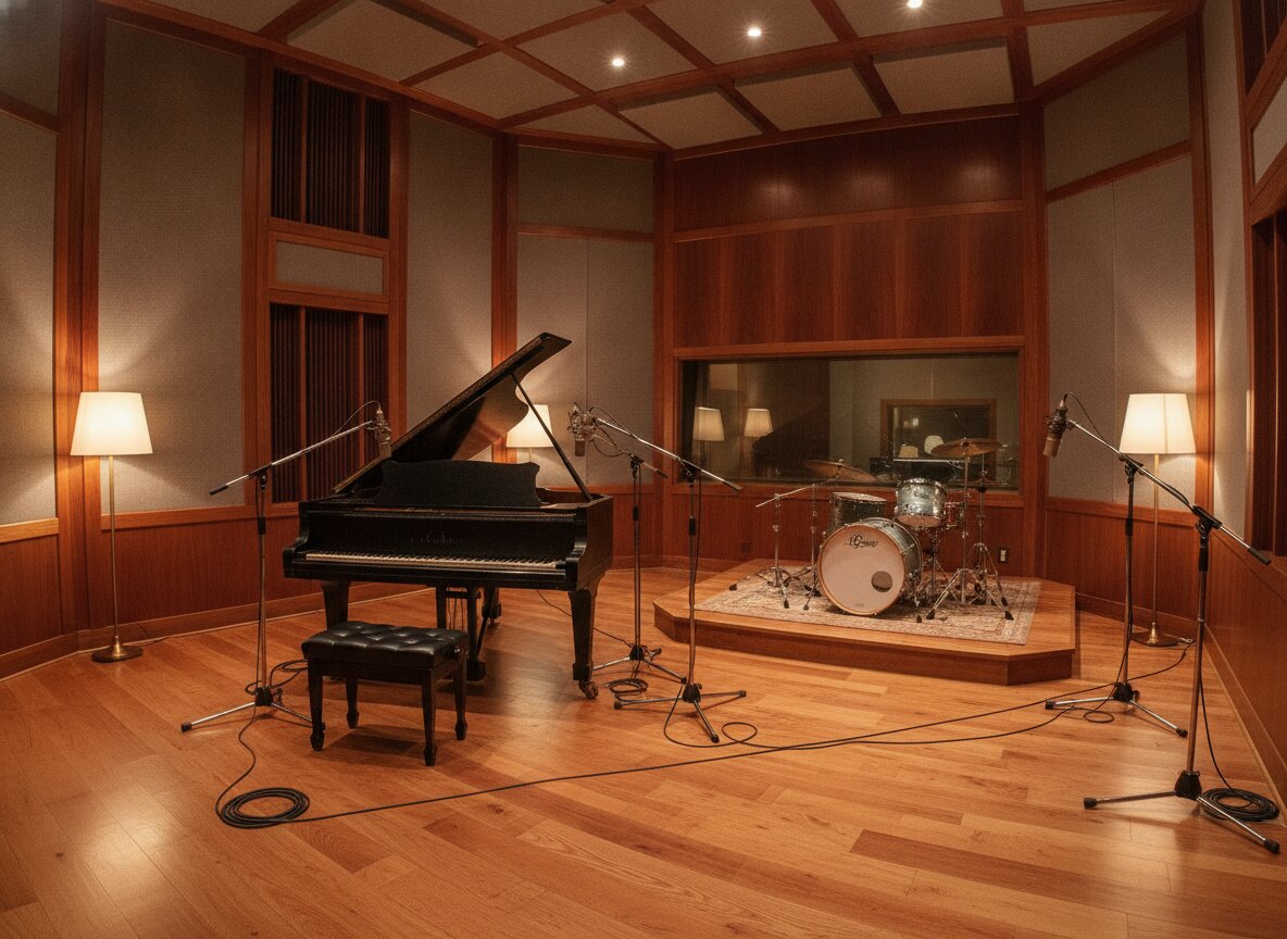 Live Room A: wood panelling, the grand piano with its lid up, and mic stands set for a session