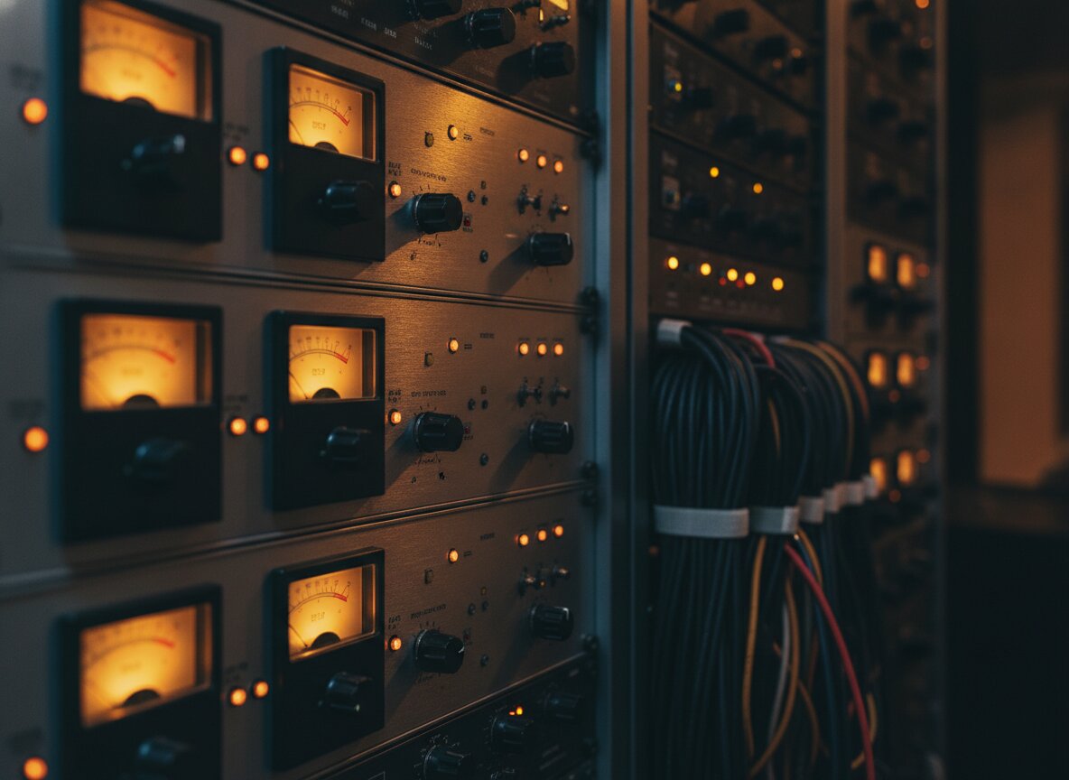 The control room outboard racks, VU meters lit amber