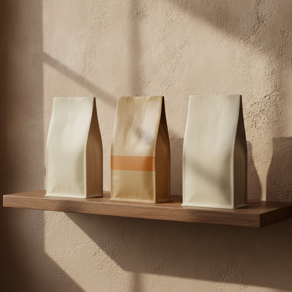 Three retail bags of coffee on the wood shelf behind the bar