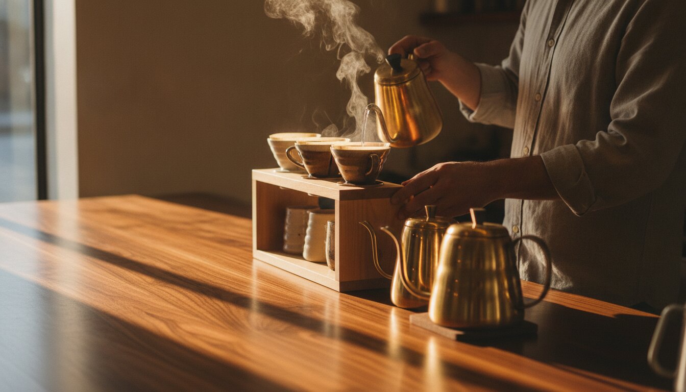 The walnut bar at Ristretto: pour-over station, brass kettles, morning light