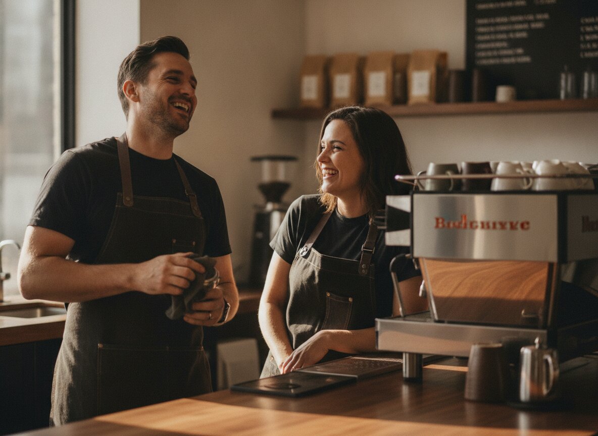 Nadia and Tom, in aprons, laughing behind the counter