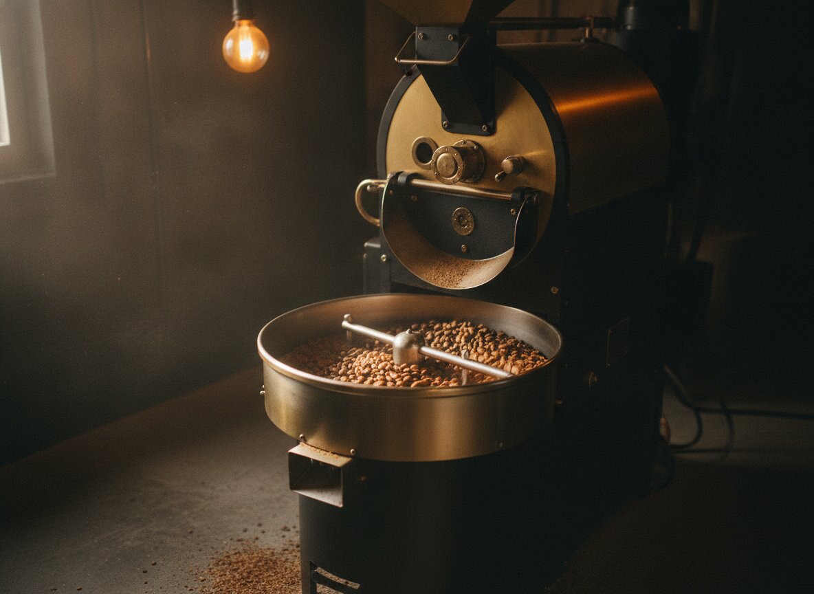 The five-kilo drum roaster, beans cooling in the tray