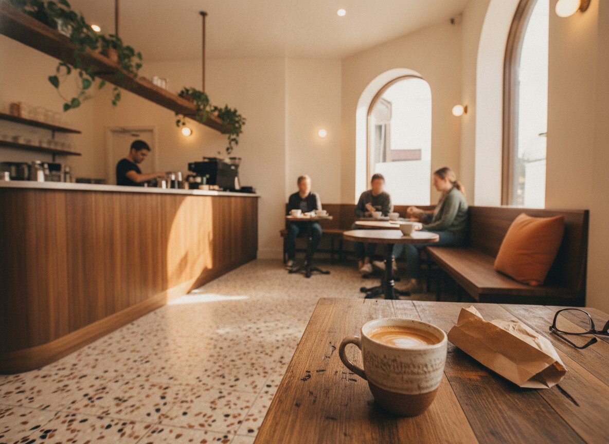 The room at Ristretto on a weekday morning, plants in the window