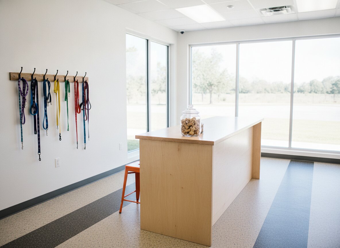 The Romp lobby, with a check-in counter and leashes on hooks