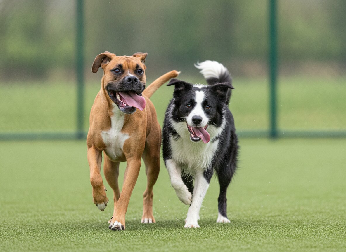 Two dogs mid-play on the turf yard, tongues out