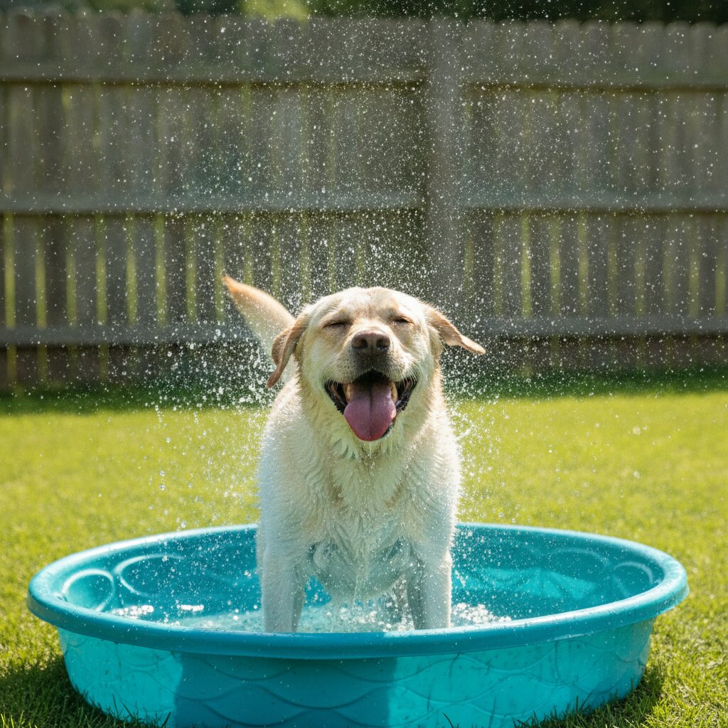 A dog standing in the shallow splash pool, water flying