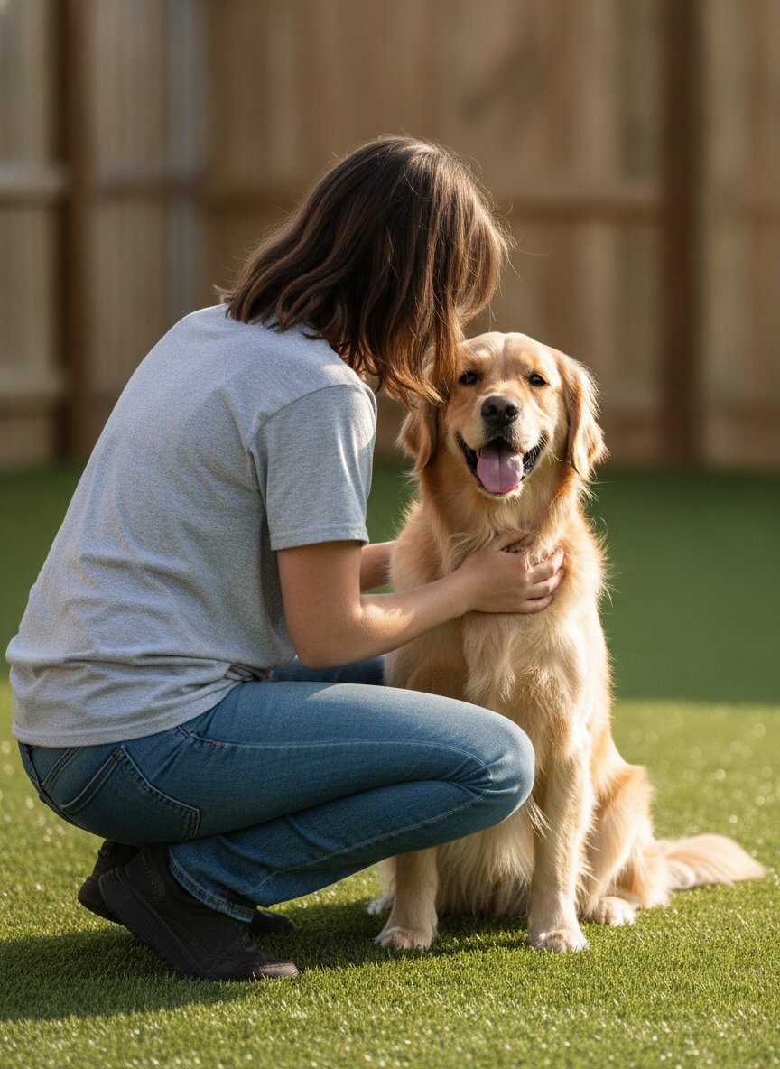 A Romp staff member crouched on the turf beside a golden retriever