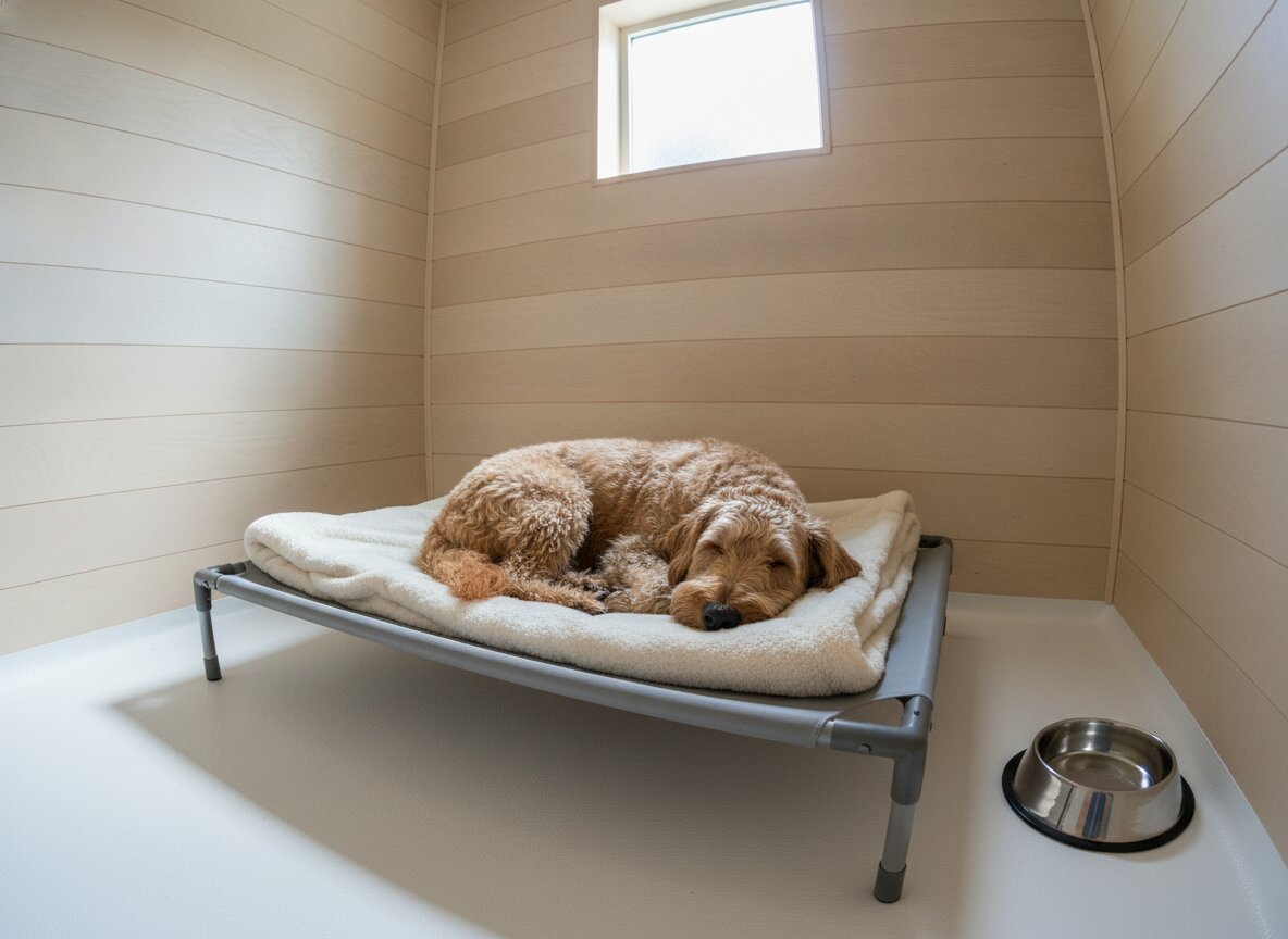 A boarding suite at Romp with a raised bed and a window, a dog asleep on the blanket