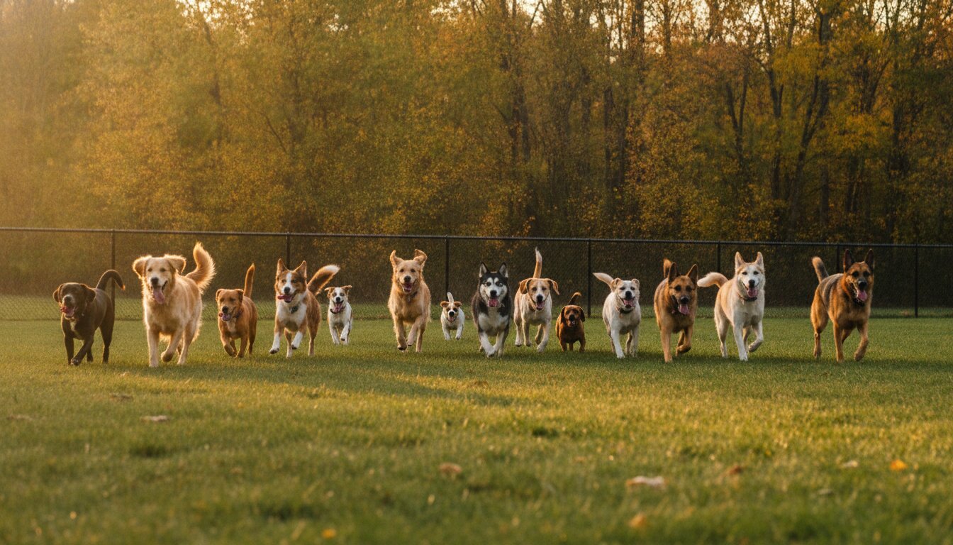 A dozen dogs running across the big yard at Romp in golden-hour light