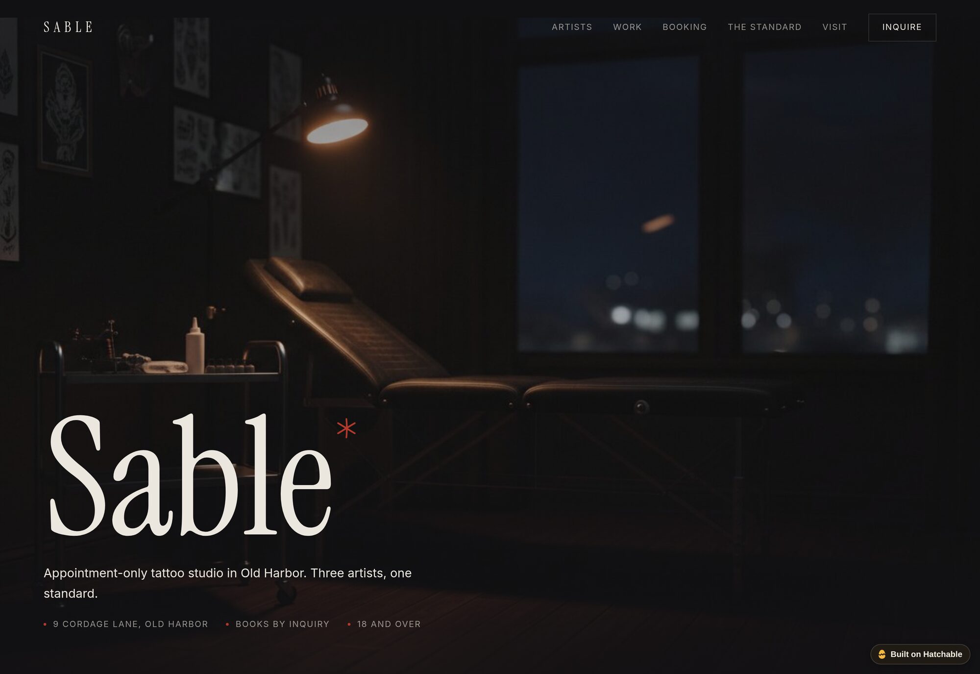 Sable tattoo studio website template — full design preview