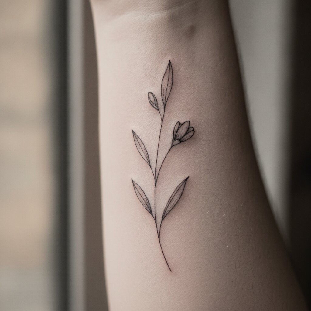 Fine-line botanical tattoo, healed