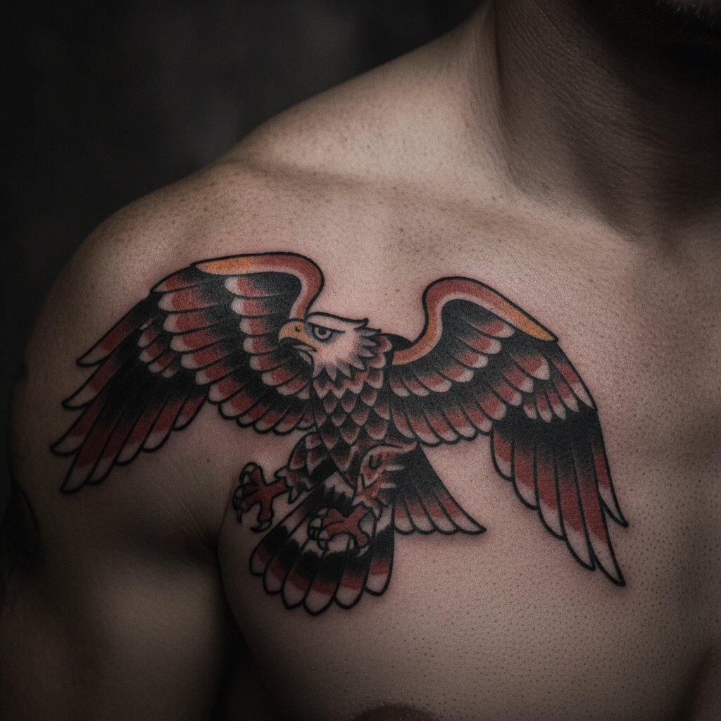 Traditional eagle tattoo in black and red