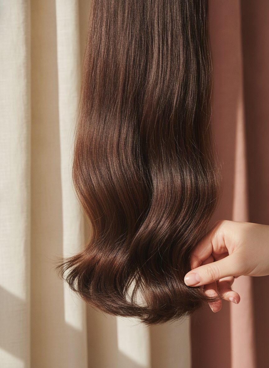 A long fall of freshly cut brown hair lit by a window, the ends held between two fingers