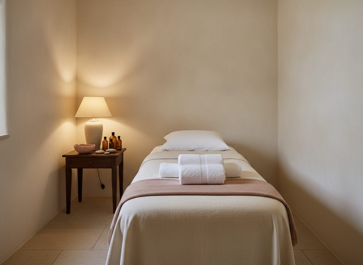 The treatment room: a made bed under warm lamplight, folded linen and a small table of glass bottles